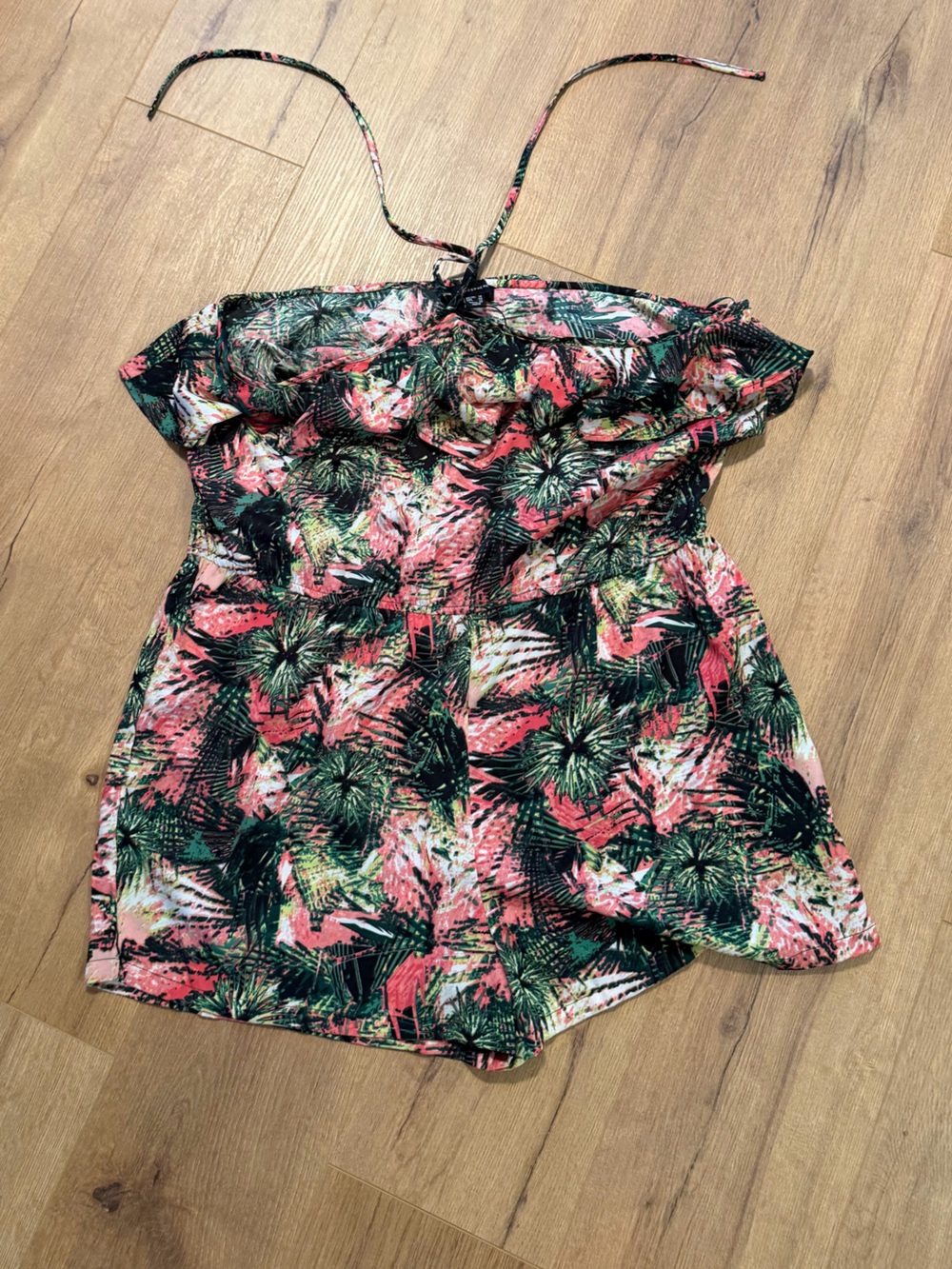 Strapless Tropical Print Women’s Romper in Coral & Green